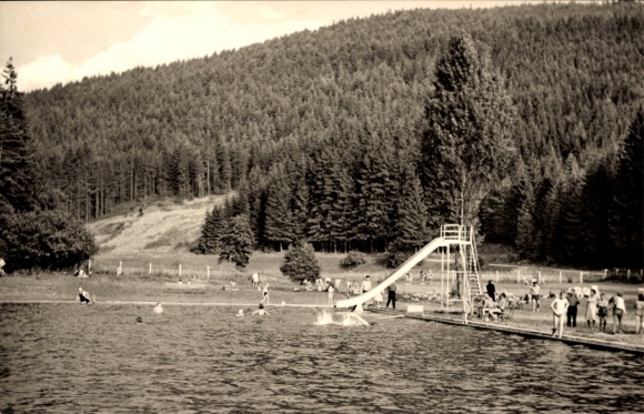 Postcard Meura in the Thuringian Forest, forest pool, giant slide, swimmers, forest, summer