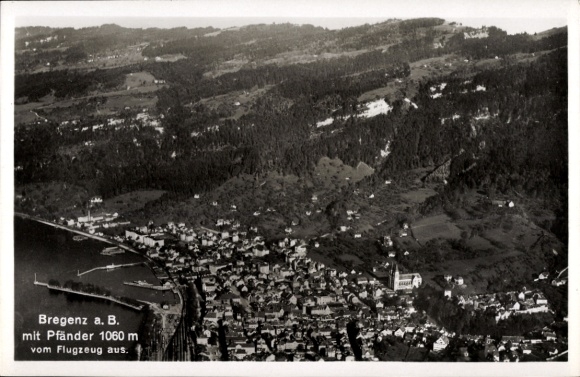 Postcard Bregenz on Lake Constance Vorarlberg, aerial view of Pfänder 1060 m, clear view, black and white