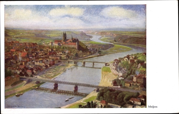 Artist PC Renatus, O., Meissen on the Elbe, view of the city, bridges