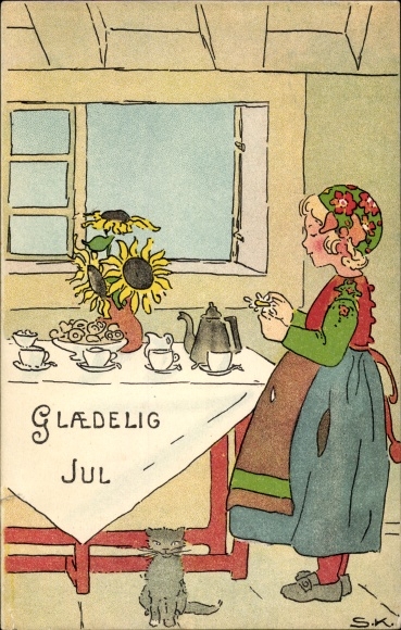 Artist Postcard Kock, S., Happy Christmas, girl at the table, tea, house cat, sunflower