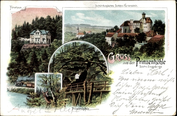 Postcard Hartenstein in the Ore Mountains of Saxony, Prince's Cave, Schönburg Castle, Forester's House