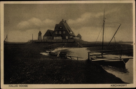 PC Hallig Hooge in North Friesland, church shipyard, riverside