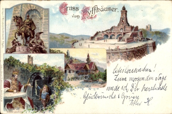 Chromo-Litho Steinthaleben Kyffhäuserland in Thuringia, Kyffhäuser, Kaiser Wilhelm Memorial, Barbarossa
