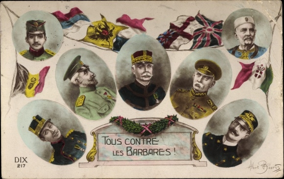 Postcard All Against the Barbarians, king Albert I von Belgien, Nikolaus I von Montenegro, Portraits