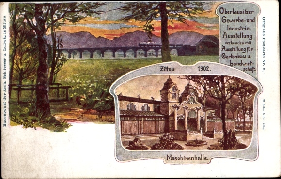 Kunstenaarskaart Langbein, Zittau, Opperlausitz handels- en industrietentoonstelling in 1902, machinehal