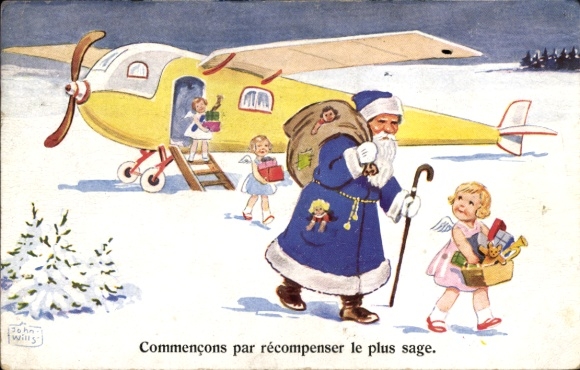 Artist Postcard Wills, John, Congratulations Christmas, Santa Claus, Angel, Gifts