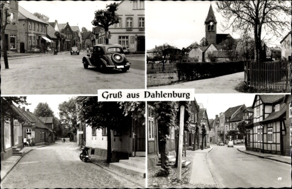 Ak Dahlenburg op de Lüneburger Heide, auto's, kerk, vakwerkhuis