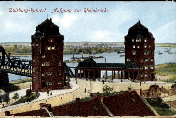 KP Duisburg w Zagłębiu Ruhry, most na Renie, klatka schodowa, odcinek rzeki, budynek