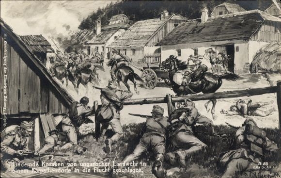 Artist Postcard Carpathian Village, Plundering Cossacks put to flight by Hungarian militia