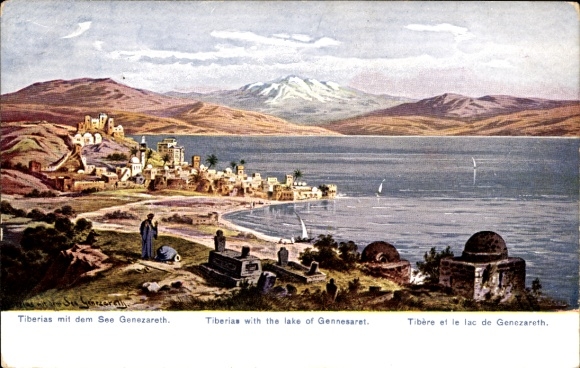 Artist Postcard Perlberg, F., Tiberias Israel, Panorama, See Galilee