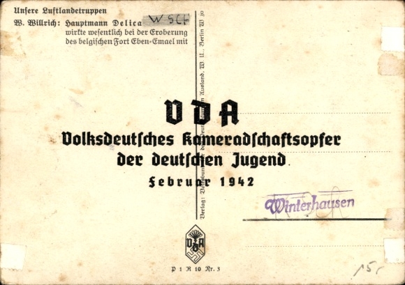 Artist Postcard Willrich, Wolfgang, airborne troops, Captain Egon Delica, Knight's Cross recipient