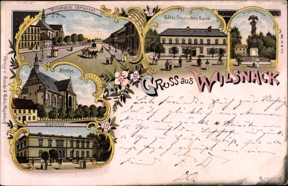 Chromo-Litho Bad Wilsnack in the Prignitz, church, train station, Hotel Deutsches Haus, war memorial