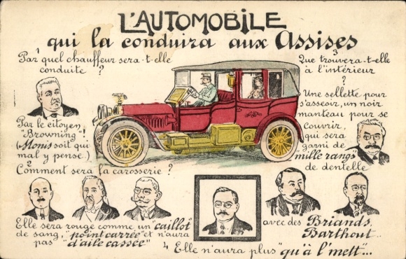 Ansichtkaart Dresden Bühlau, tekening van een rode auto. Rondom de auto zijn verschillende mannen afgebeeld.