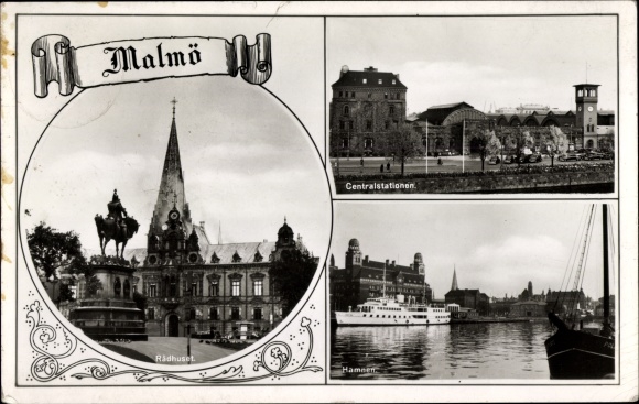 Postcard Malmo Sweden, Radhuset, Central Stations, Hamnen