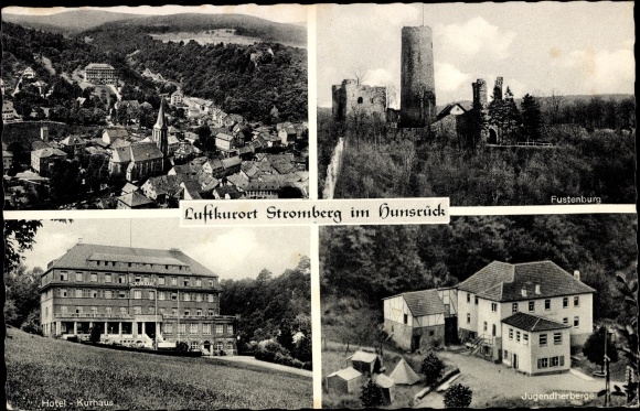 Postcard Stromberg im Hunsrück, view of the town, hotel, spa, Fustenburg, youth hostel