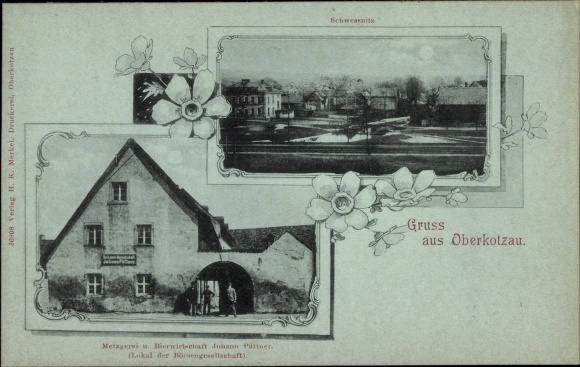 Moonlight Postcard Oberkotzau in Upper Franconia Bavaria, Schwessnitz, butcher and beer business J. Püttner