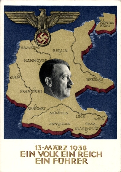 Postal stationery Postcard Klein, One people, one empire, one leader, Anschluss of Austria 1938, Greater Germany