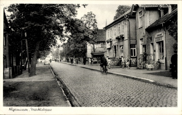 Postcard Algermissen Lower Saxony, market street, cyclists, residents, shop