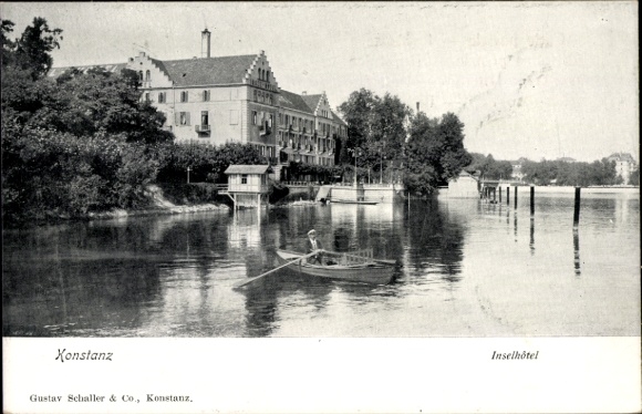Postcard Konstanz on Lake Constance, island hotel, rowing boat