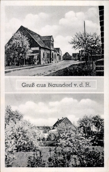 PC Naundorf in Saxony, front shows houses, fruit trees, architecture, black and white