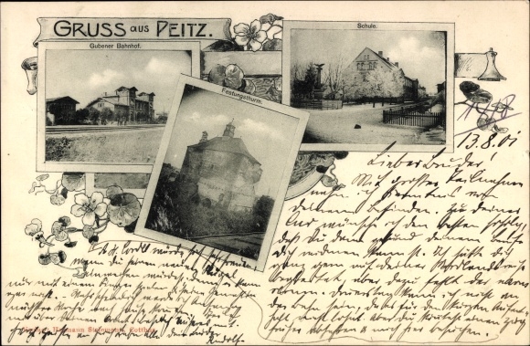 Ak Peitz in Neder-Lausitz, station Guben, school, vestingtoren