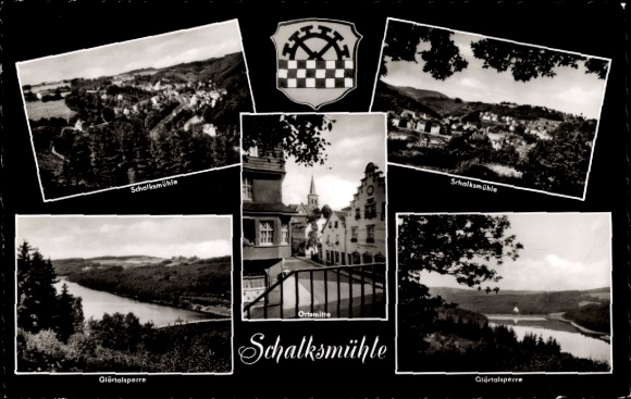 Postcard Schalksmühle in Sauerland, general view, dam, coat of arms