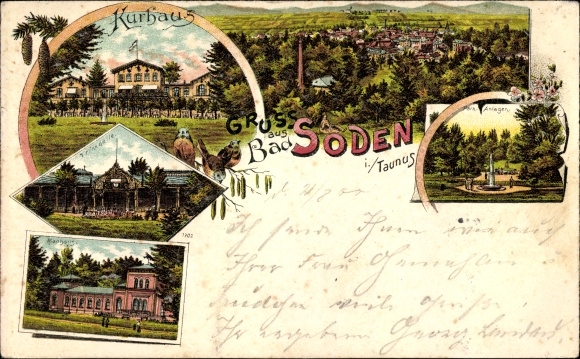 Chromo-Litho Bad Soden am Taunus Hessen, Kurhaus, parks, pump room, overall view