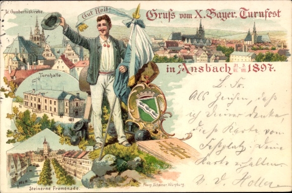 Chromo-Litho Ansbach, 10th Bavarian Gymnastics Festival 1897, St. Gumbertus Church, Gymnasium, Stone Promenade