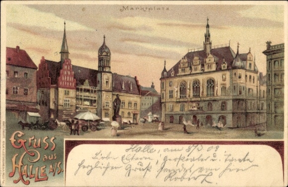 Chromo-Litho Halle on the Saale, market square, town hall