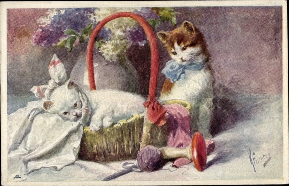 Artist Postcard Holiday, K., That comes from snacking, kitten, basket, BKWI 170 3
