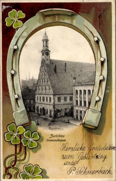 Congratulations Passepartout Postcard Zwickau in Saxony, Gewandhaus, horseshoe, clover leaves