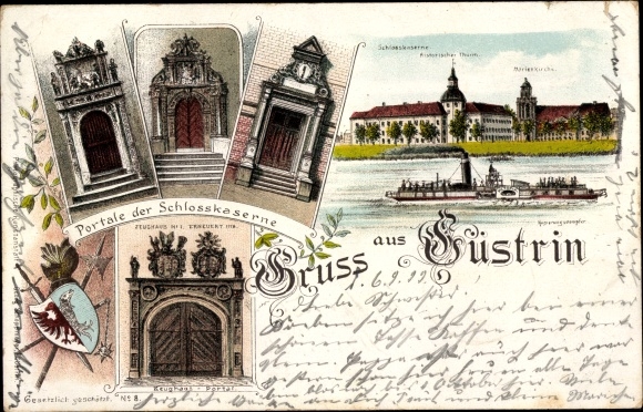 Chromo-Litho Kostrzyn nad Odrą Cüstrin Ostbrandenburg, portals of the castle barracks, tower, Marienkirche
