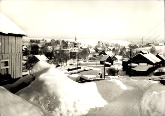Postcard Tannenbergsthal in the Vogtland, snow-covered landscape, small houses, church tower, winter scenery...
