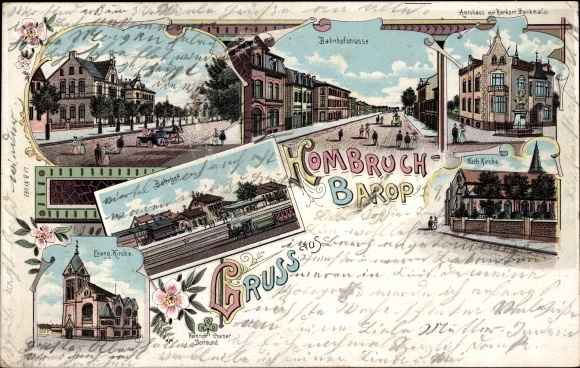 Chromo-Litho Hombruch Barop Dortmund, train station, Bahnhofstrasse, office building, memorial, church