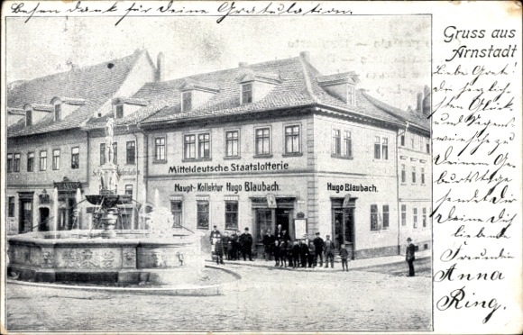 Postcard Arnstadt in Thuringia, Central German State Lottery, main collection, fountain