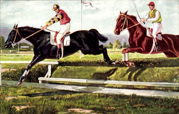 Künstler Ak Donadini, A. E., Jockeys zu Pferden, Springreiten