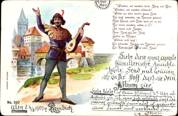 Gedicht litho Hamelin in Nedersaksen, Rattenvanger met luit, brug, kerk