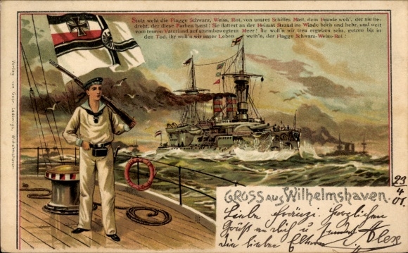 Embossed Chromo-Litho German warship, Imperial Navy, proudly flies the flag black white red