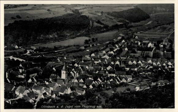 Postcard Dörzbach an der Jagst Württemberg, aerial view of Dörzbach, hilly landscape, terraced houses