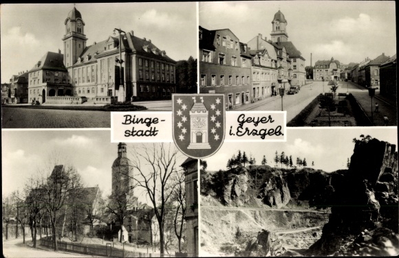 Ak Geyer im Erzgebirge Sachsen, Rathaus, Teilansichten, Binge, eingefallenes Zinnbergwerk