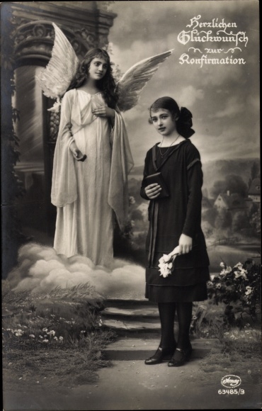 Postcard congratulations confirmation, angel and girl with bible
