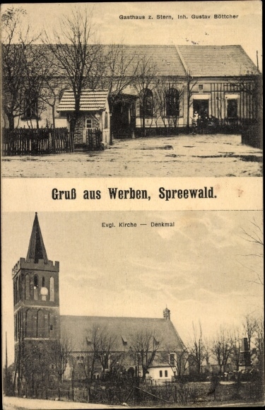 Postcard advertising in the Spreewald, Inn zum Stern, Ev. church, monument