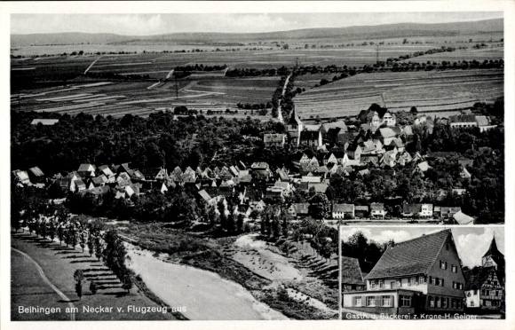 Ak Beihingen Freiberg am Neckar, luchtfoto van Beihingen, bakkerij z. Krone, wijnbouw