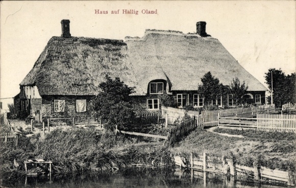 Ak Hallig Oland Noord-Friesland, huis met rieten dak