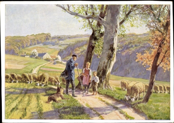 Künstler Ak Hey, P., Am Wege, Hirte, Kinder, Schafe