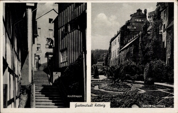 Postcard Kettwig Essen in the Ruhr area, church steps, Landsberg Castle Ratingen