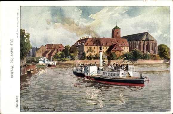 KP artystyczna Günther-Naumburg, D., Wrocław Breslau Śląsk, wyspa piaskowa, parowiec salonowy