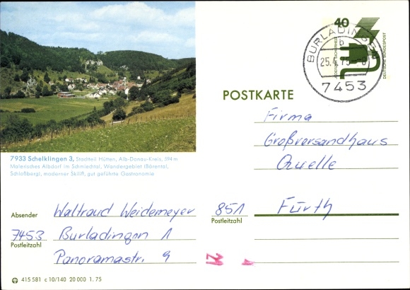 Postwaardestuk ansichtkaart Schelklingen in de wijk Alb Donau in Baden-Württemberg, uitzicht op de stad