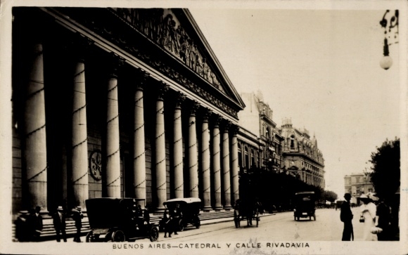 Postcard Buenos Aires Argentina, Cathedral, Calle Rivadavia, buildings, old cars