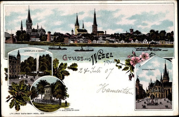 Chromo-Litho Wesel on the Lower Rhine, Kaiserplatz, Kaiserhof, monument, large market